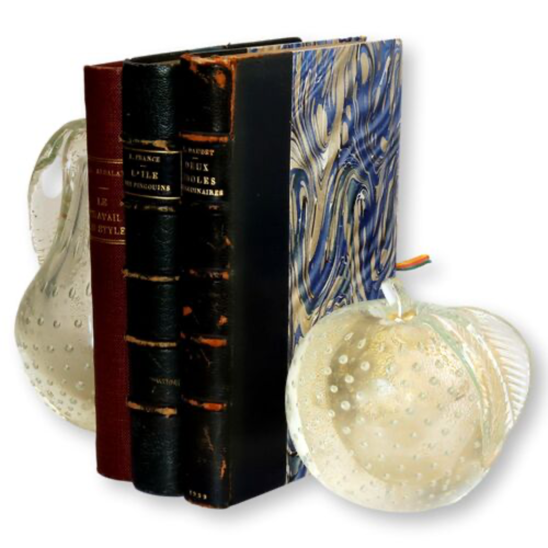 Midcentury Murano Glass Gold Flake Pear & Apple Bookends