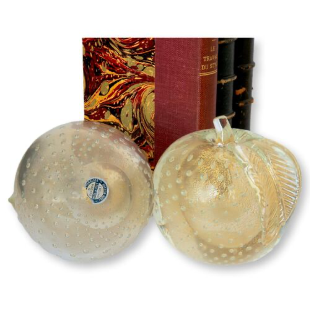 Midcentury Murano Glass Gold Flake Pear & Apple Bookends