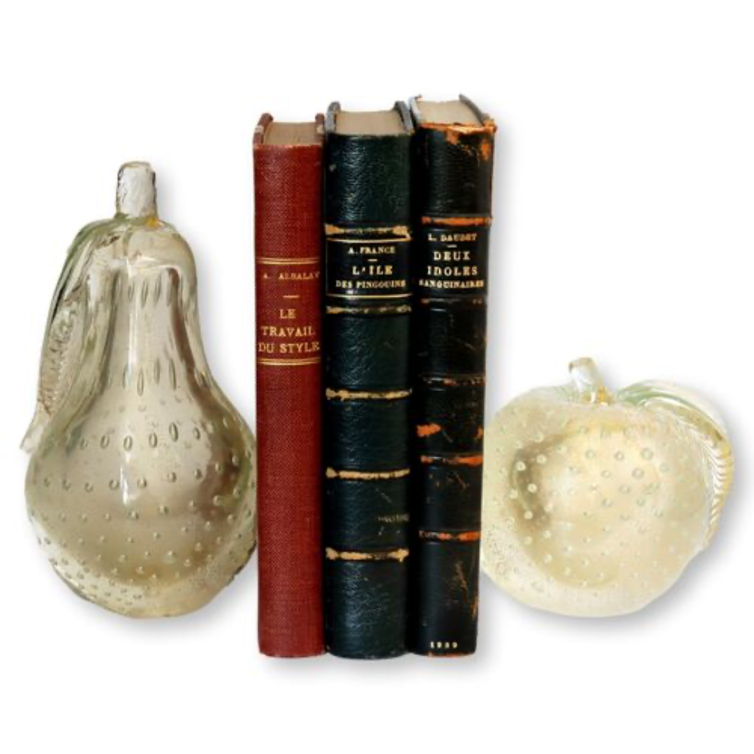 Midcentury Murano Glass Gold Flake Pear & Apple Bookends