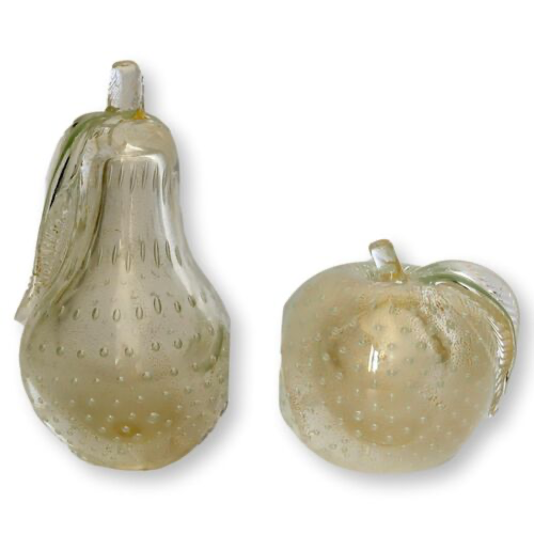 Midcentury Murano Glass Gold Flake Pear & Apple Bookends