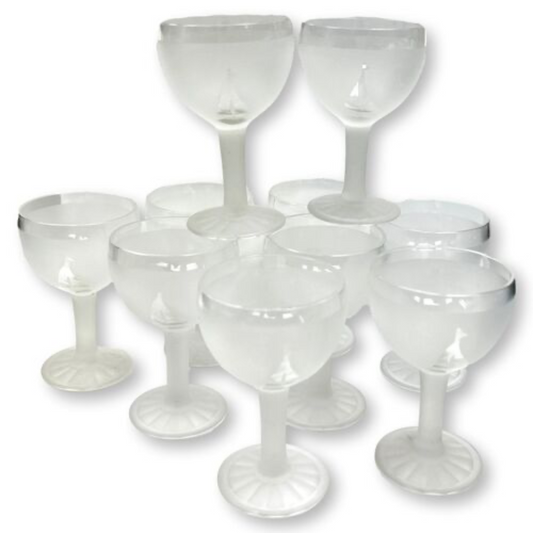 Vintage Frosted Sailboat Glasses, Set of 10