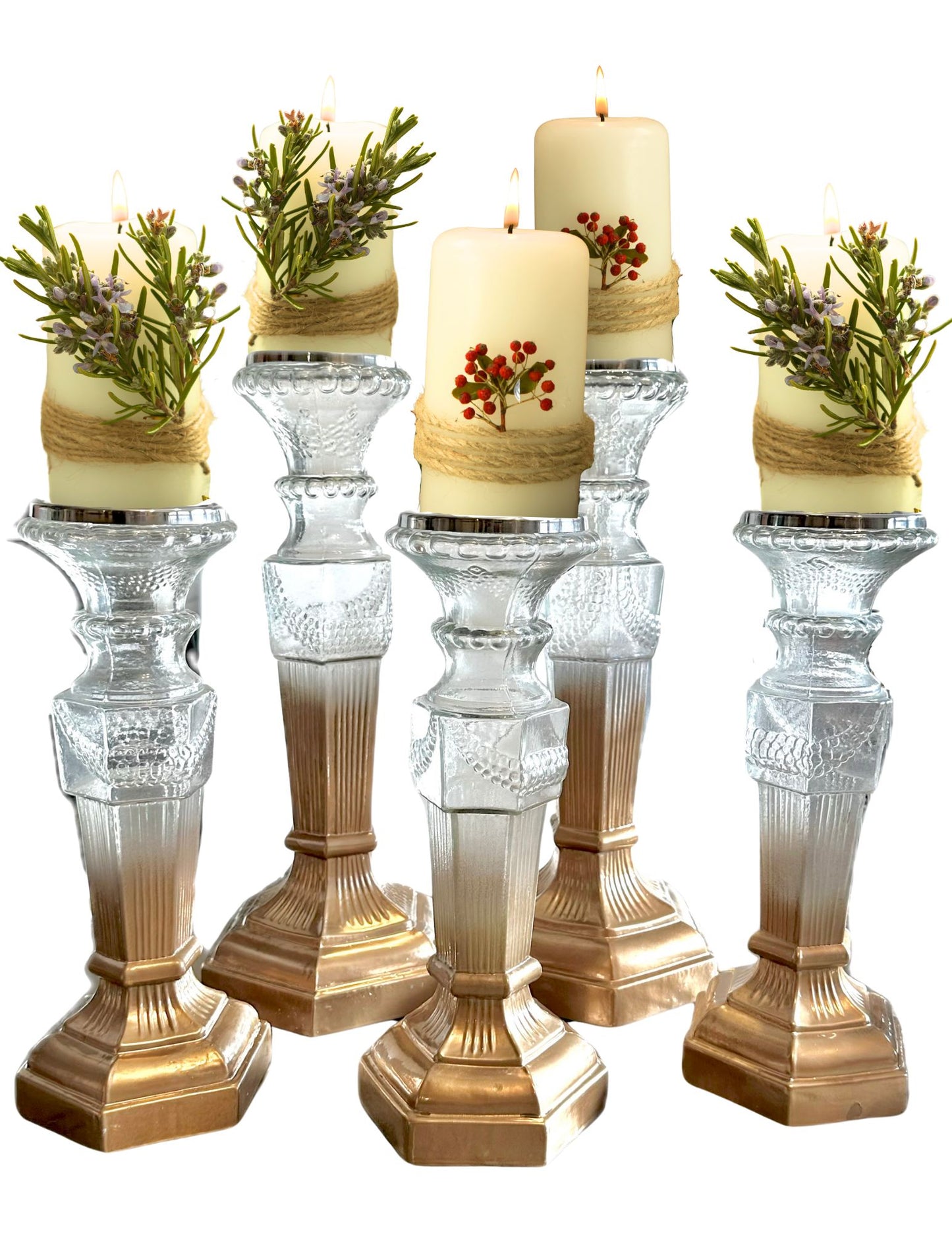 Set of Five French Pressed Glass Gold Ombre Candle Pilars
