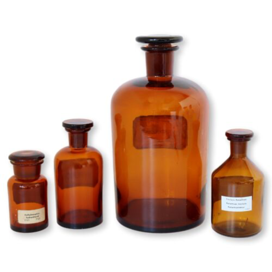 1960s Amber Glass Apothecary Bottles, Set of 4