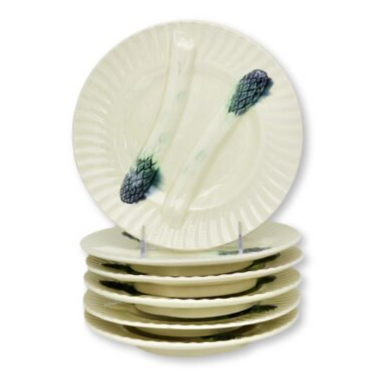 19th-C. French Majolica Asparagus Plates, Set of Six