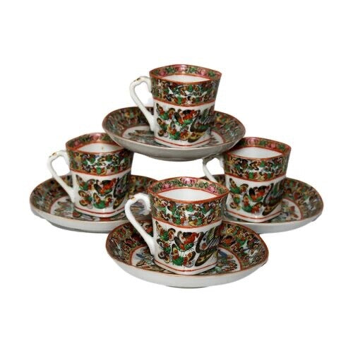 Antique Hand-Painted Porcelain Chinese Thousand Butterfly Espresso Cups