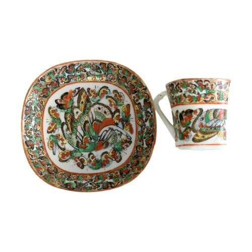 Antique Hand-Painted Porcelain Chinese Thousand Butterfly Espresso Cups