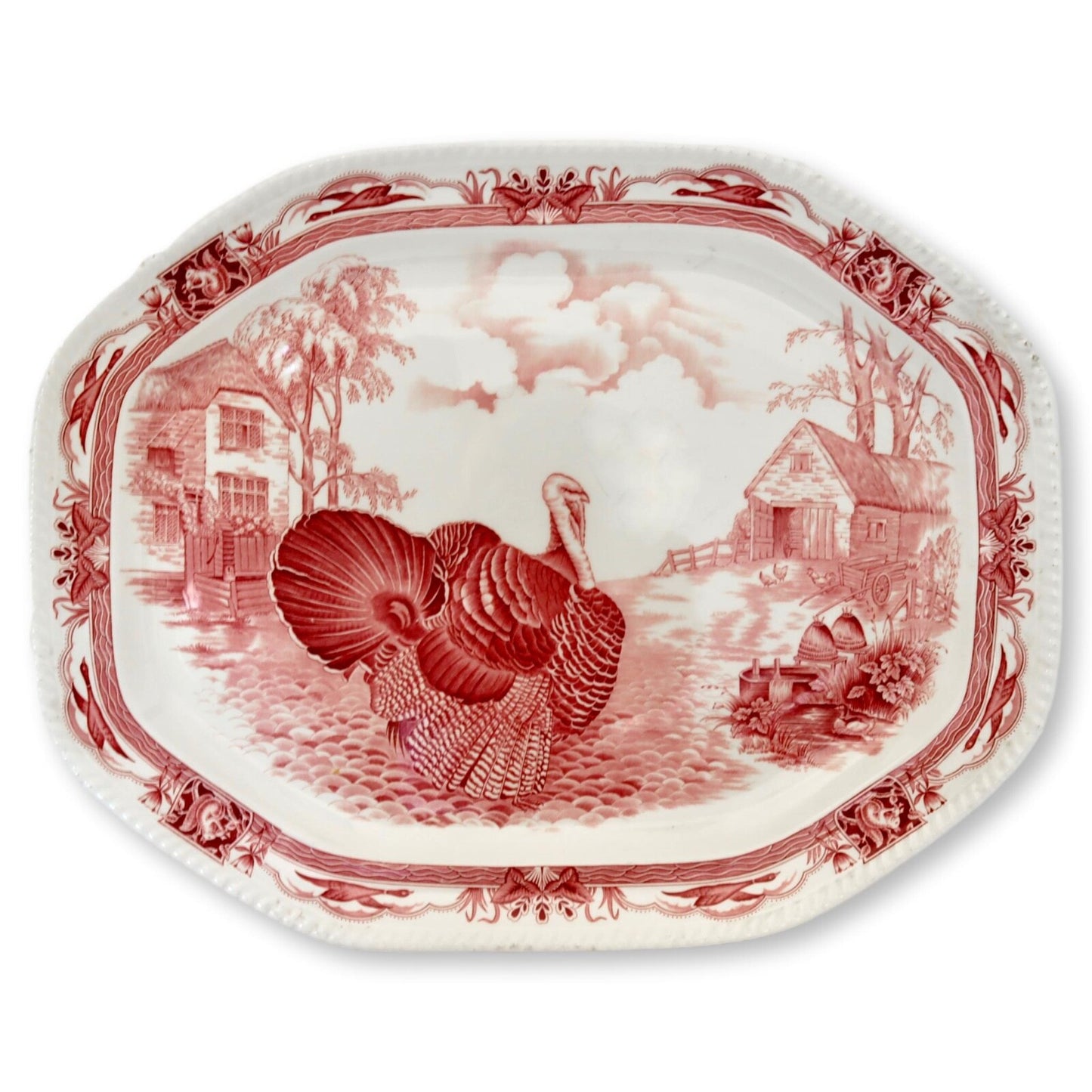 Early 1900s English Red Transferware Turkey Platter