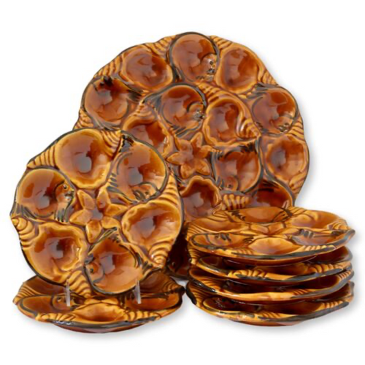 Midcentury Vallauris Majolica Oyster Plate Set w/ Master Platter