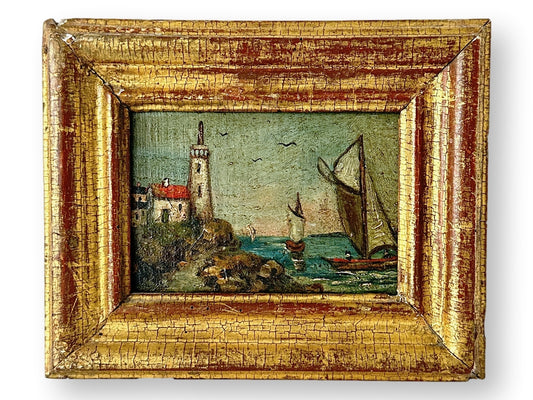 Midcentury Small French Coastal & Lighthouse Painting