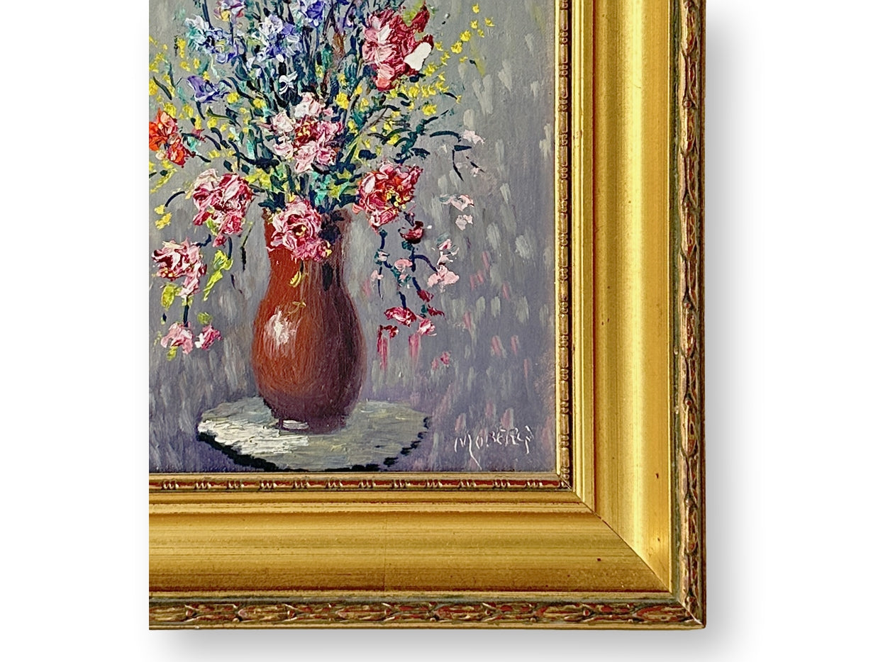 Midcentury  Small French Oil on Canvas Floral Still Life