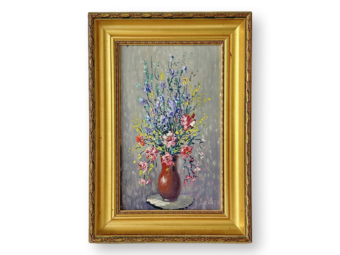 Midcentury  Small French Oil on Canvas Floral Still Life