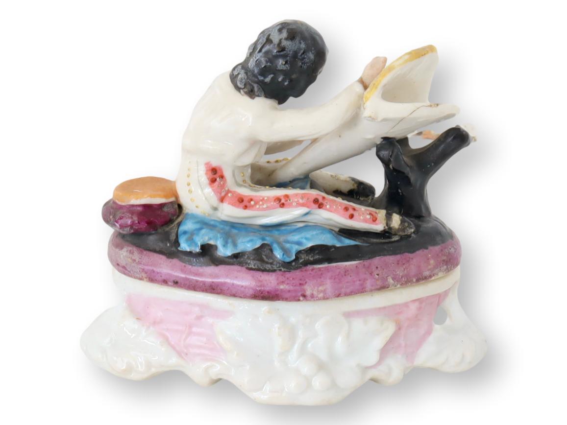 Antique Fairing Trinket Box, Boy Embroidering