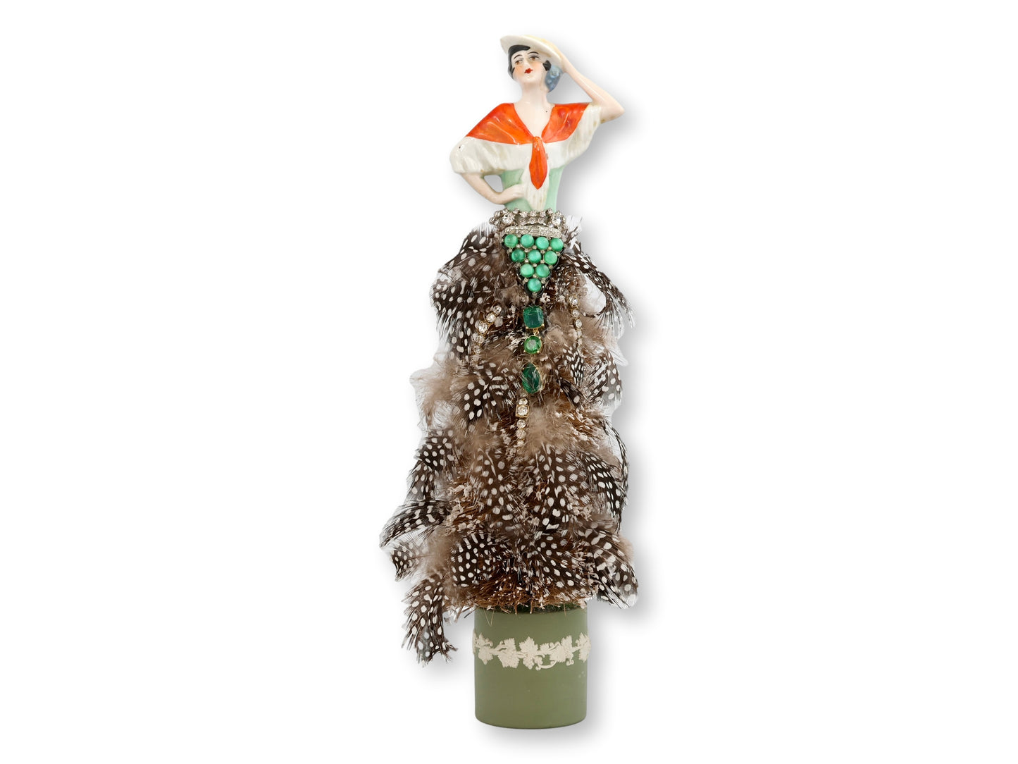 Antique Cabaret Woman Jeweled Feather Skirt Bottle Brush Tree