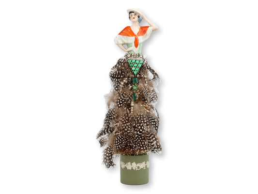 Antique Cabaret Woman Jeweled Feather Skirt Bottle Brush Tree