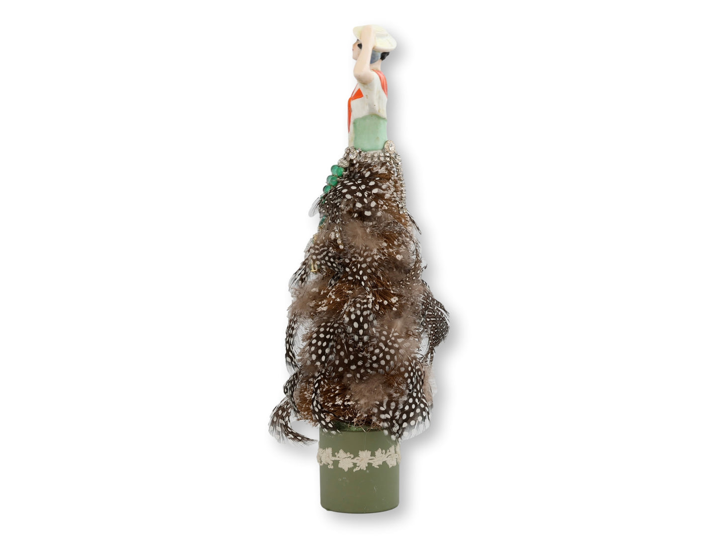 Antique Cabaret Woman Jeweled Feather Skirt Bottle Brush Tree