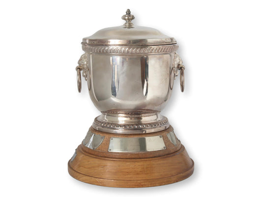 English Silver-Plate Trophy Ice Bucket on Wood Base