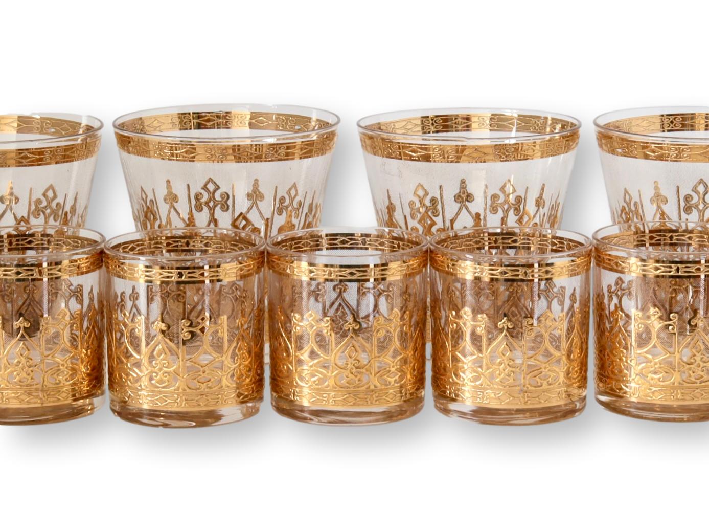 1960s Gold Brocade Motif Glasses, Set of 9