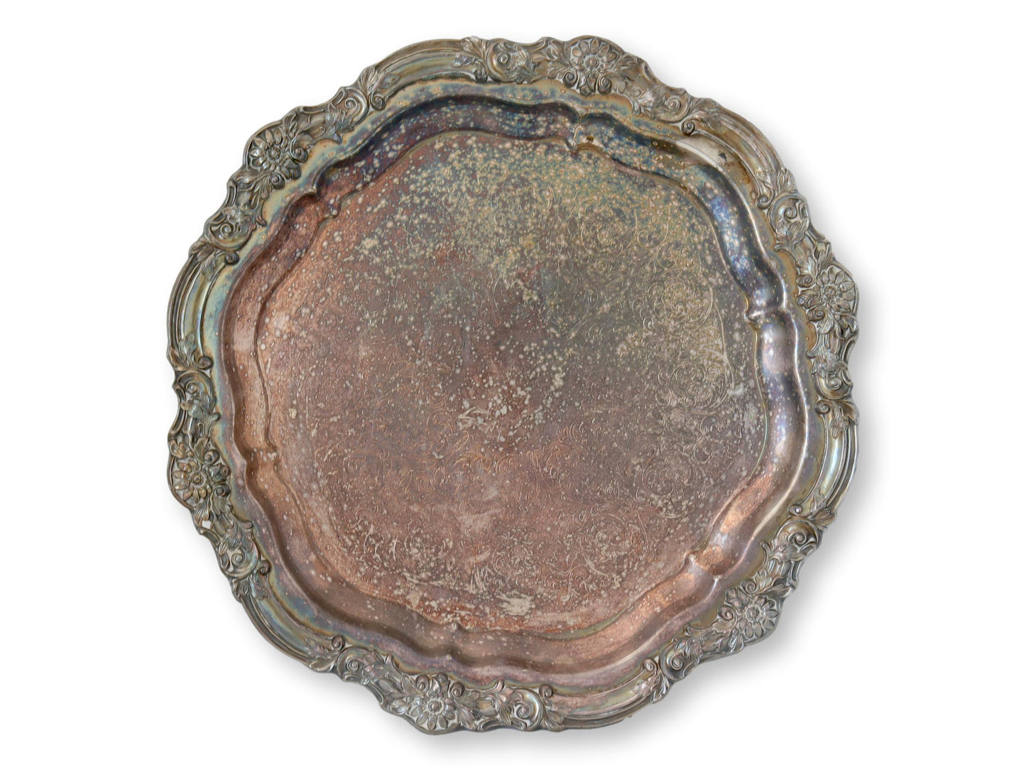 1920s Tarnished Silver-Plate Floral Tray