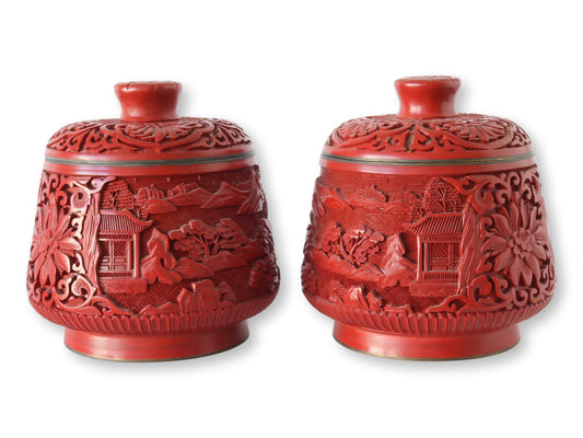 Vintage Carved Cinnabar Lacquer Jars, a Pair