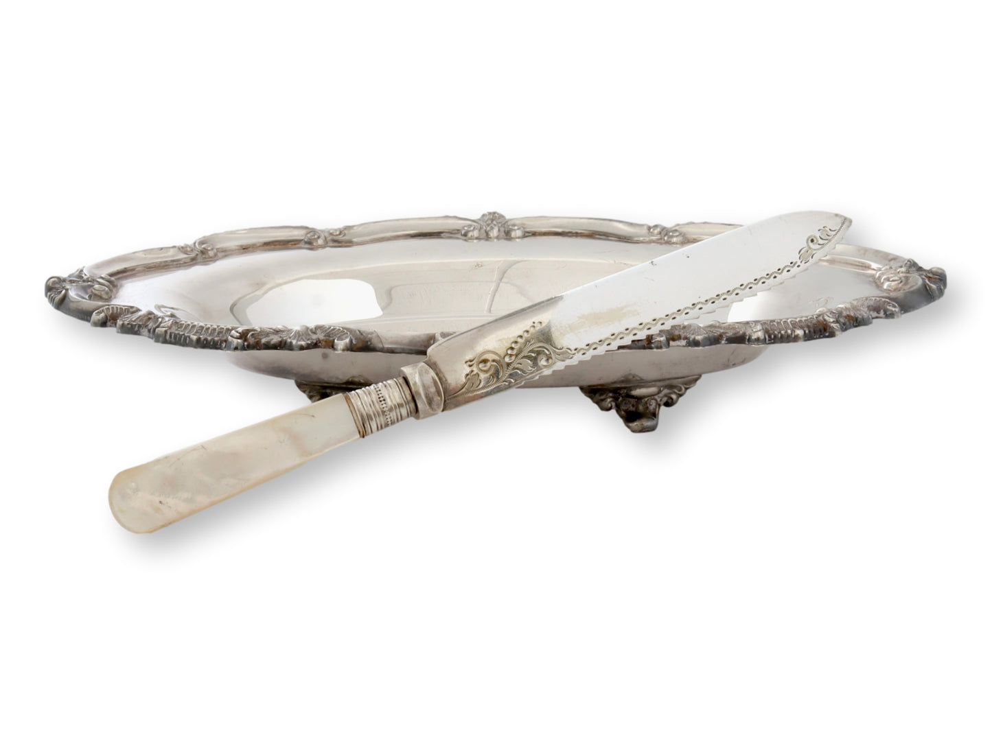 English Silver-Plate Cake Tray w/ Pearl Handle Cake Knife