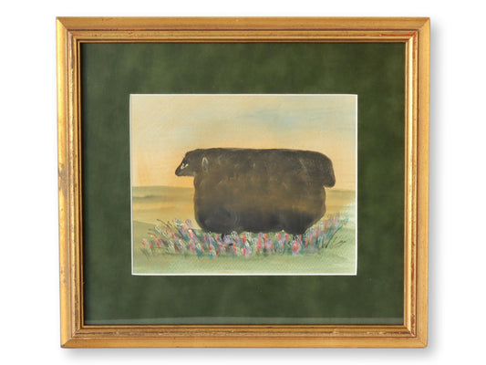 Midcentury Americana Folk Art Black Sheep Watercolor