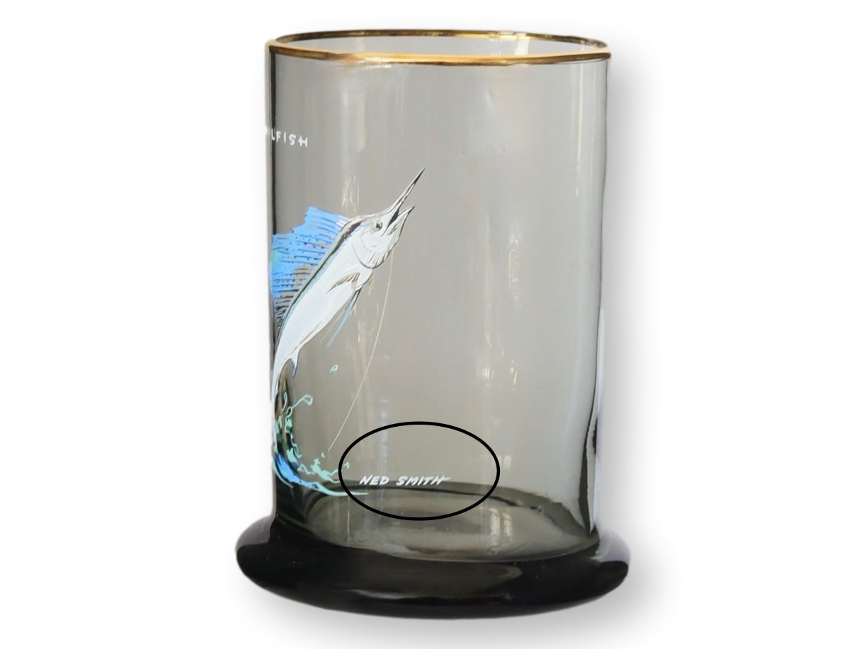 Vintage Ned Smith Tumblers w/Fish, S/6