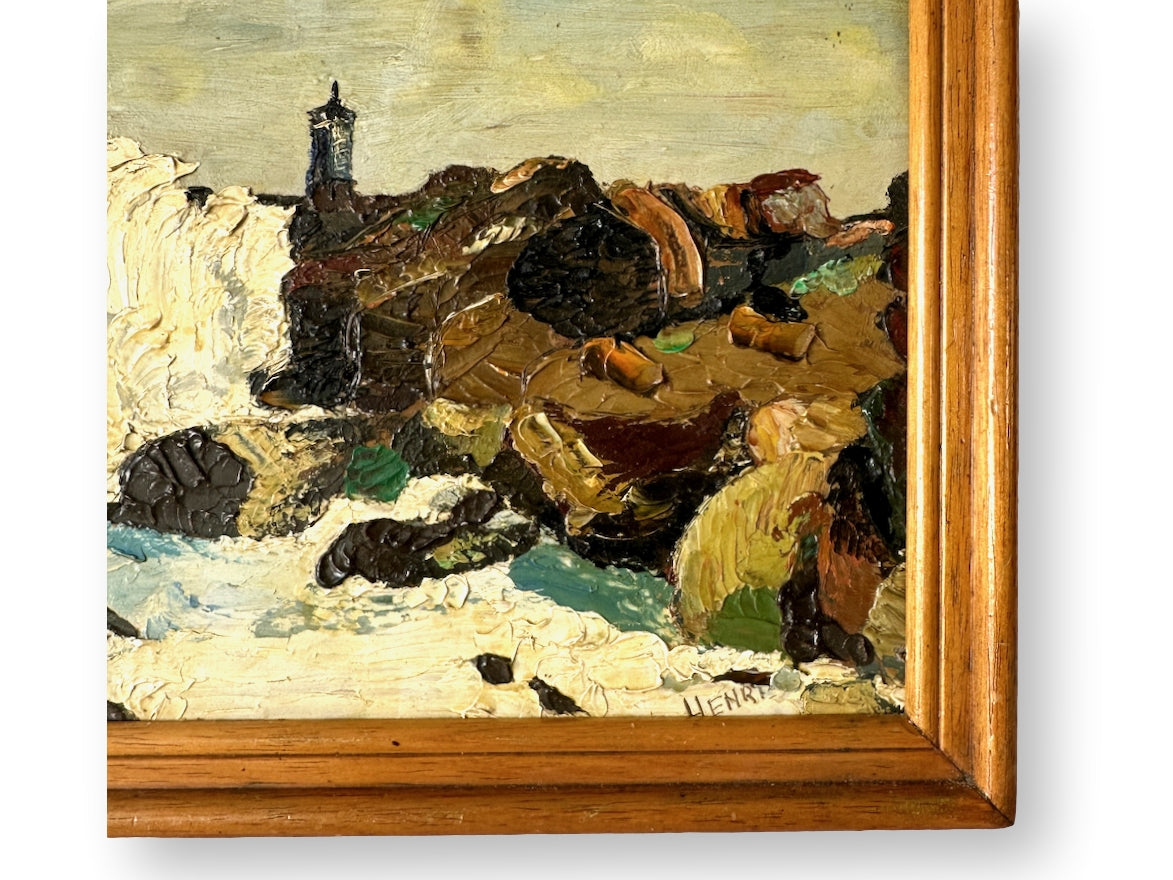 Midcentury French Rocky Coast & Lighthouse Painting