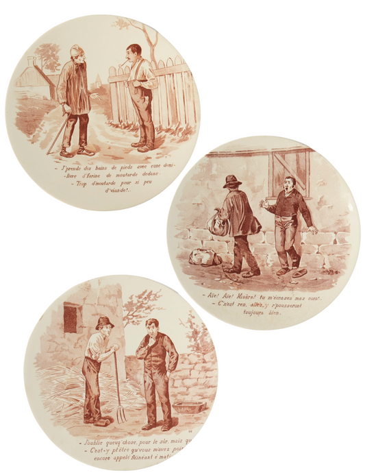 Antique French "Peasant Farm" Story Plates, Set of 12