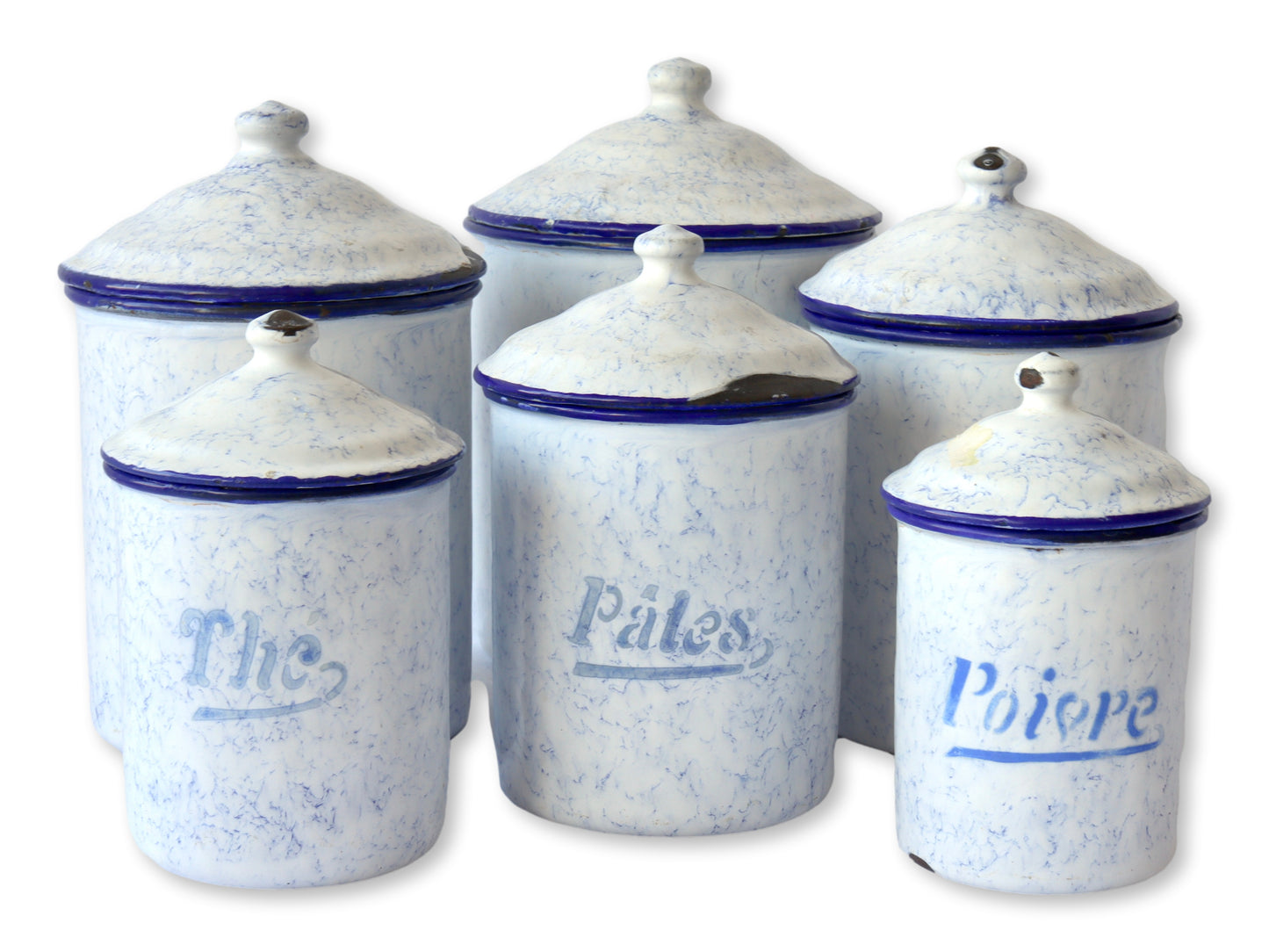 1920s French Enameled Kitchen Canisters - "Smoke on the Mountain"