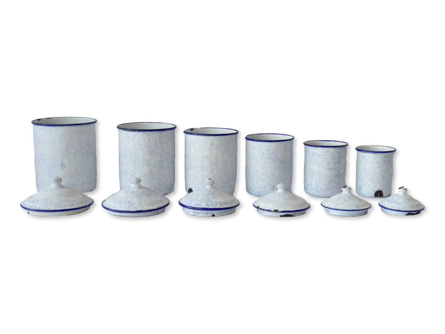 1920s French Enameled Kitchen Canisters - "Smoke on the Mountain"