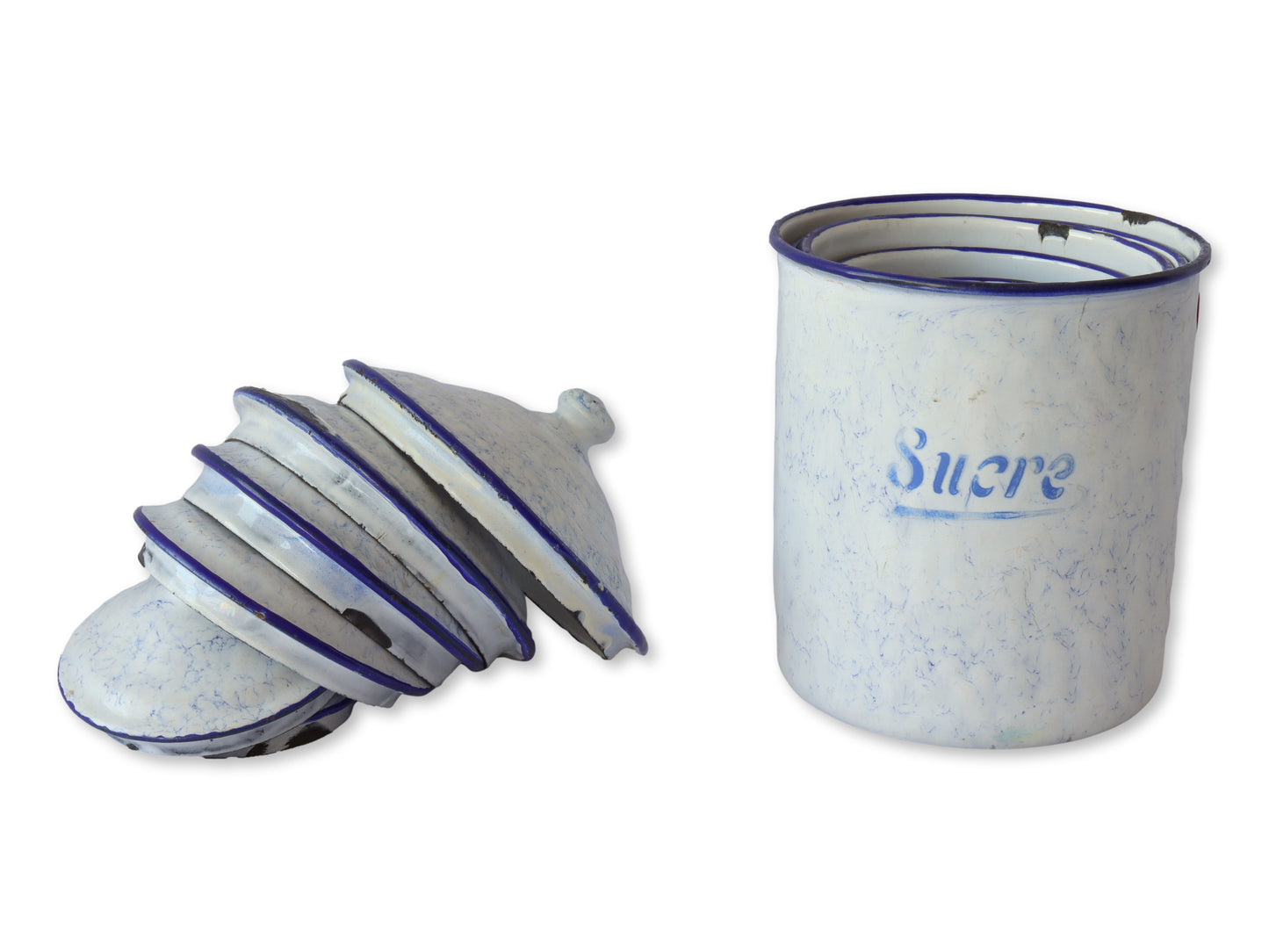 1920s French Enameled Kitchen Canisters - "Smoke on the Mountain"