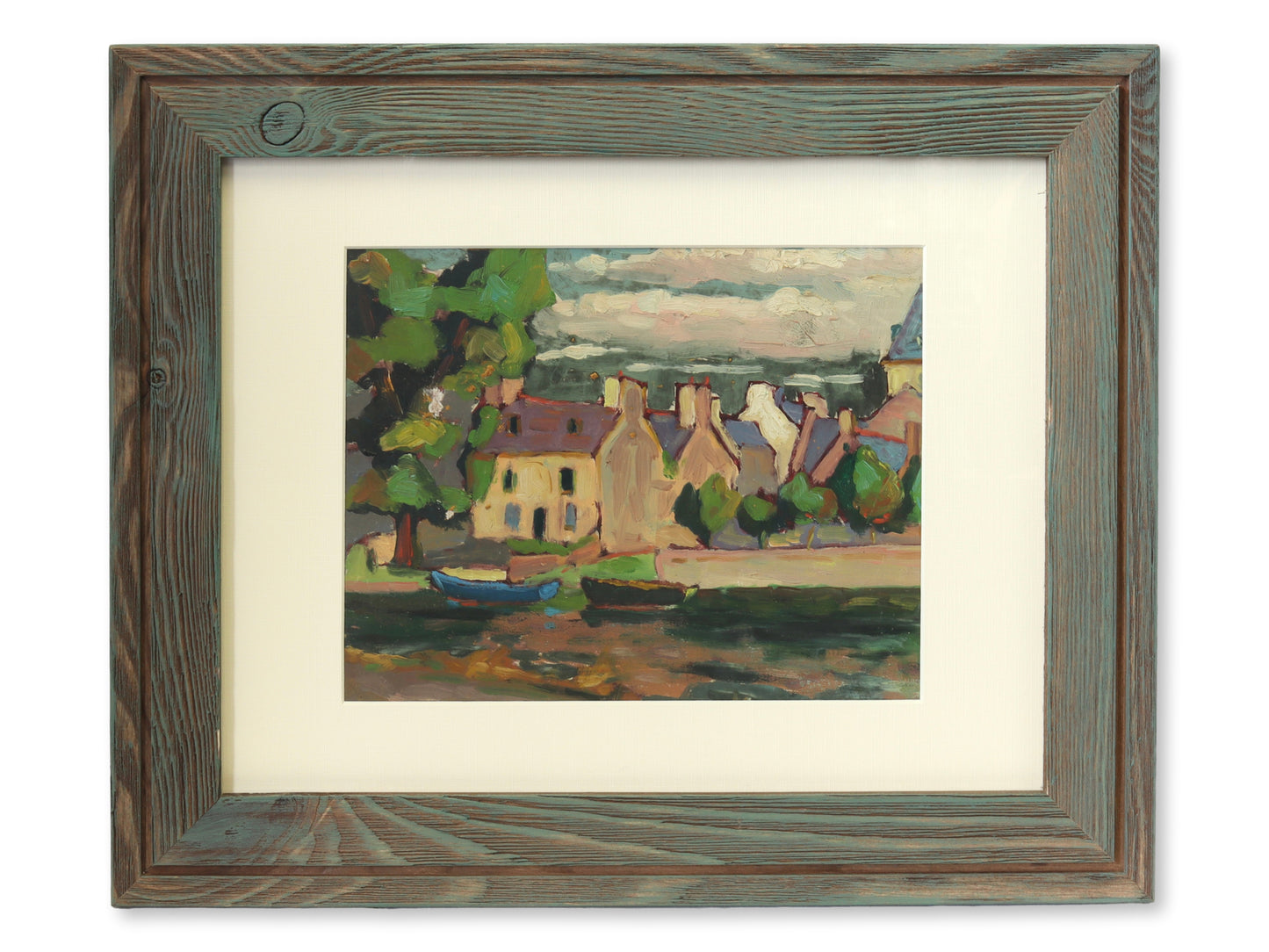 French Village on River Landscape Painting