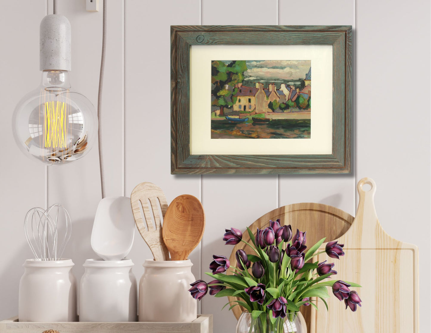 French Village on River Landscape Painting
