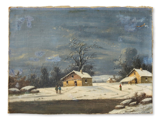 Antique French Winter Farm Oil on Canvas