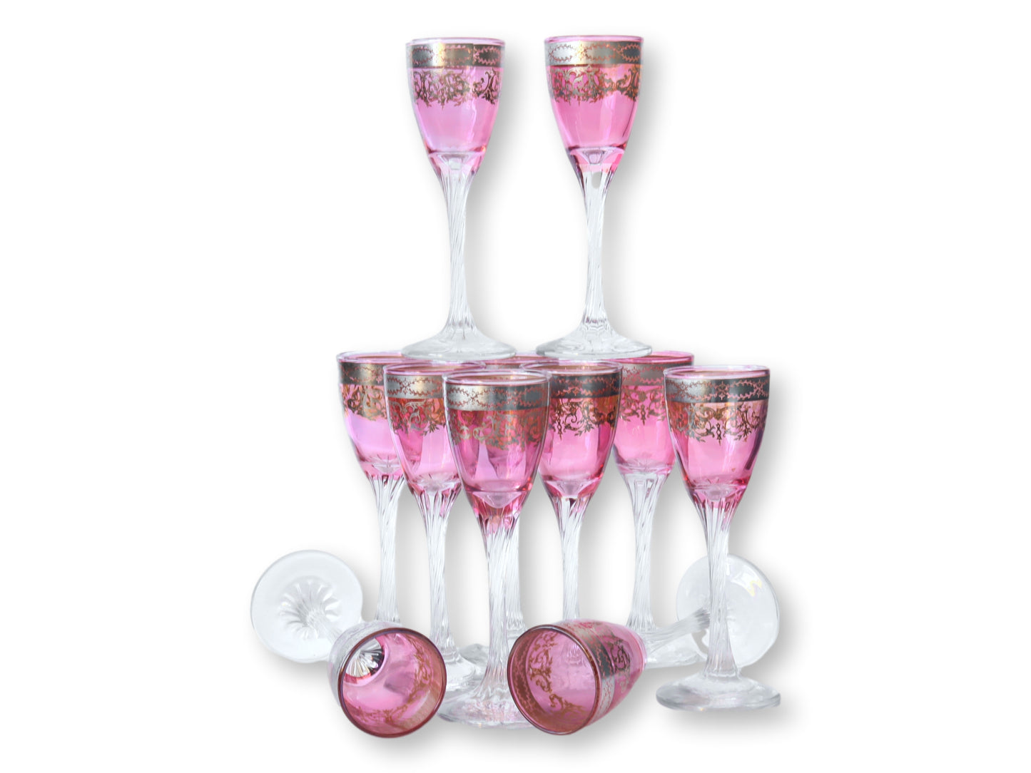1920s Platinum & Cranberry Stems, Set of 11