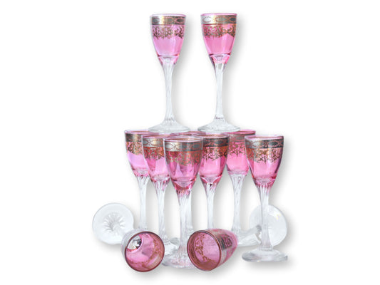 1920s Platinum & Cranberry Stems - Set of 11