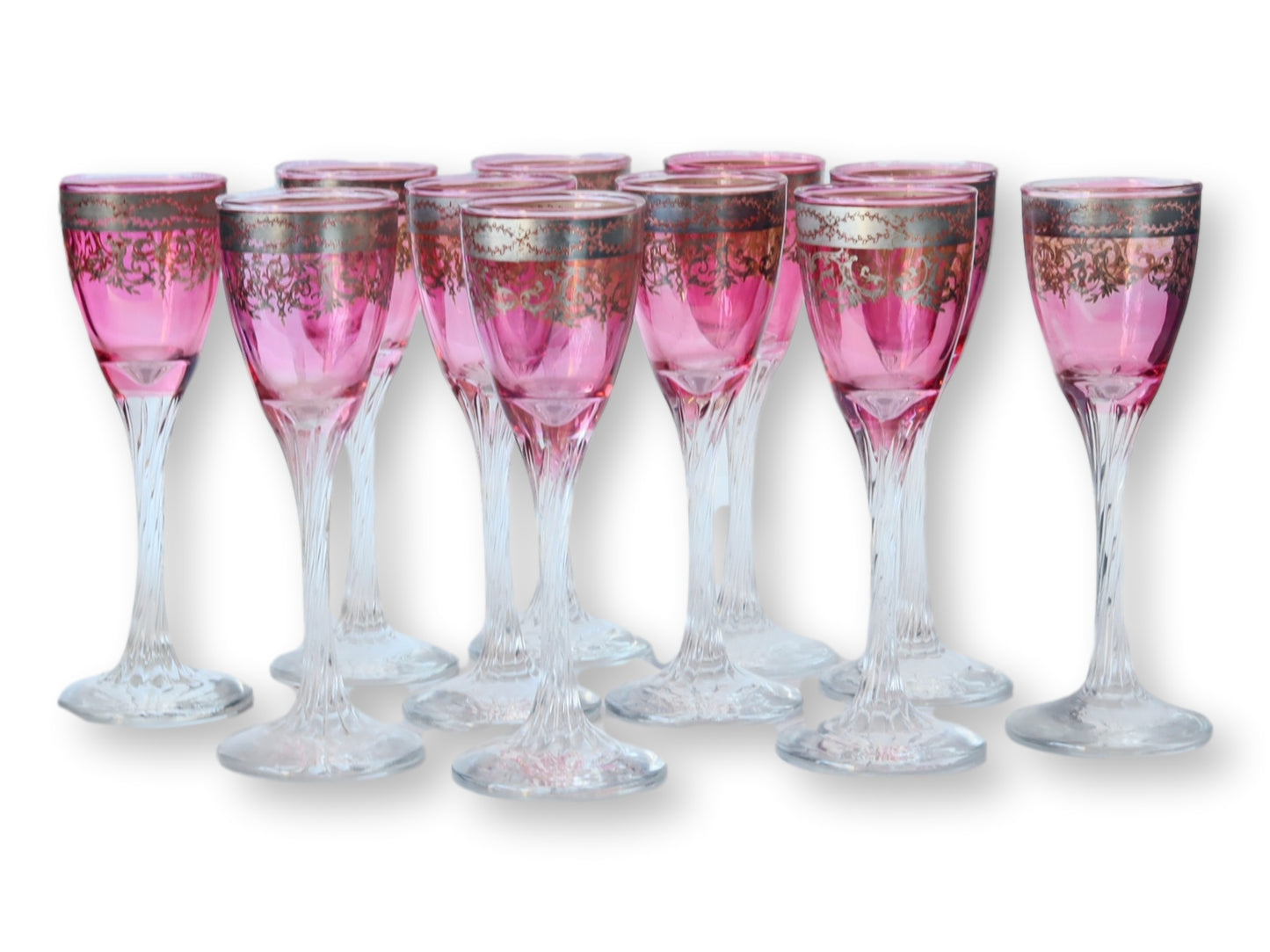 1920s Platinum & Cranberry Stems, Set of 11