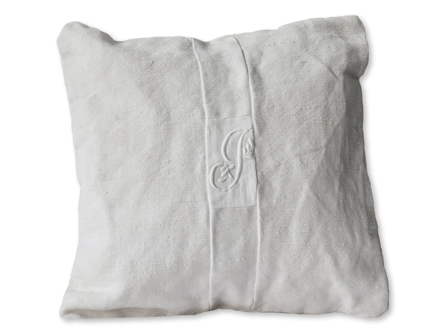 Antique French Linen Petite Pillow w/ Hand-Stitched "J" Monogram