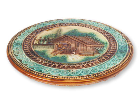 C. 1890 French Majolica Trivet – Dog & Kennel Scene