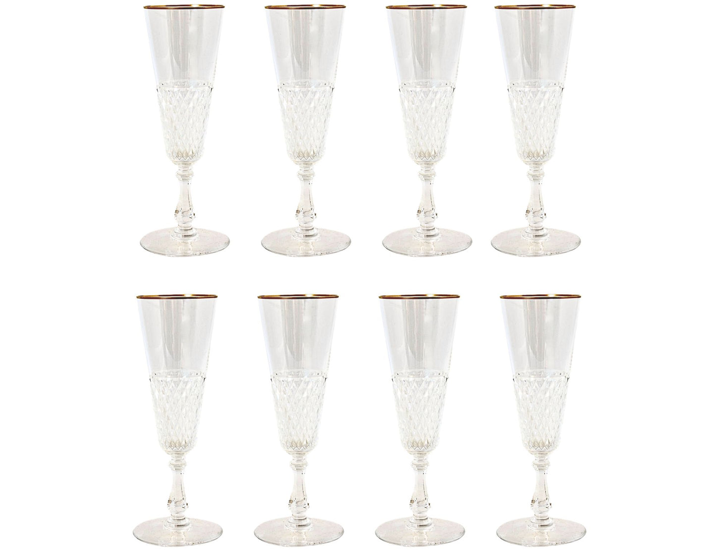 1920s French Gold Rim Crystal Champagne Flutes, Set of 8