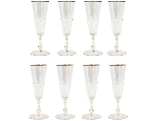 1920s French Gold Rim Crystal Champagne Flutes, Set of 8