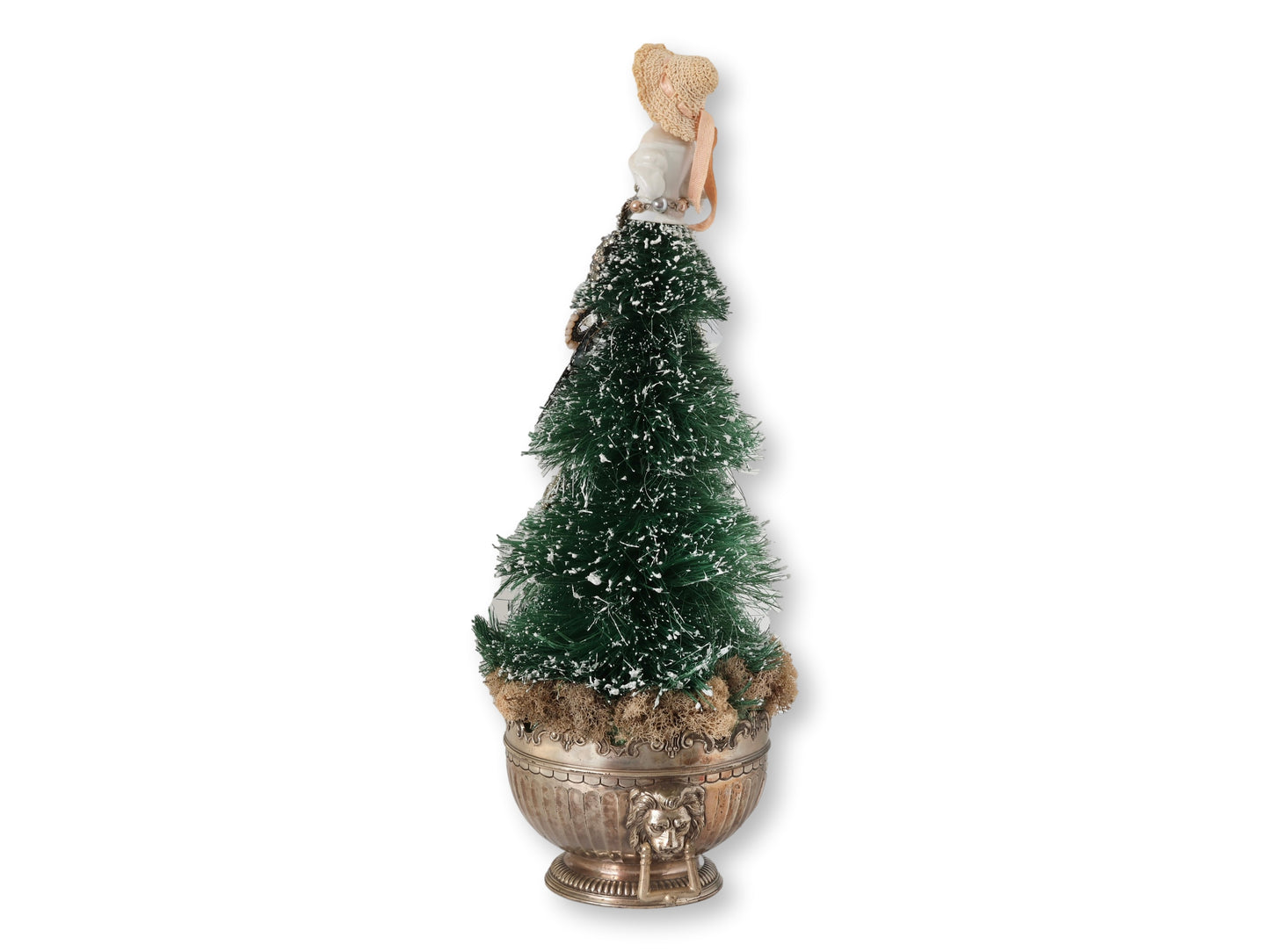 1920s Porcelain "Lady" Bottlebrush Tree w/ Silver-Plate Lion Knocker Bowl Base