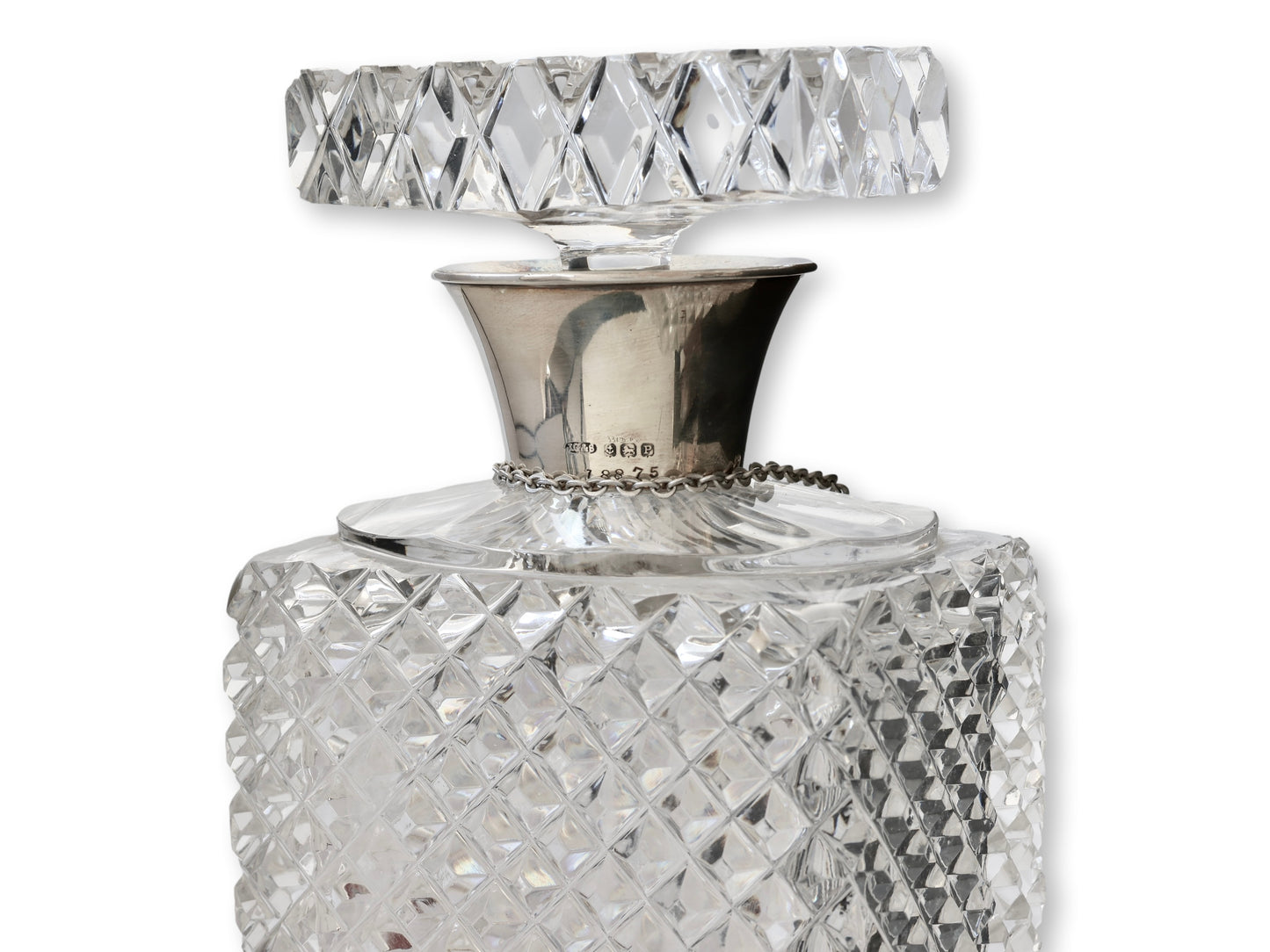 1930s Diamond Cut Crystal & Sterling Collar Liquor Decanters