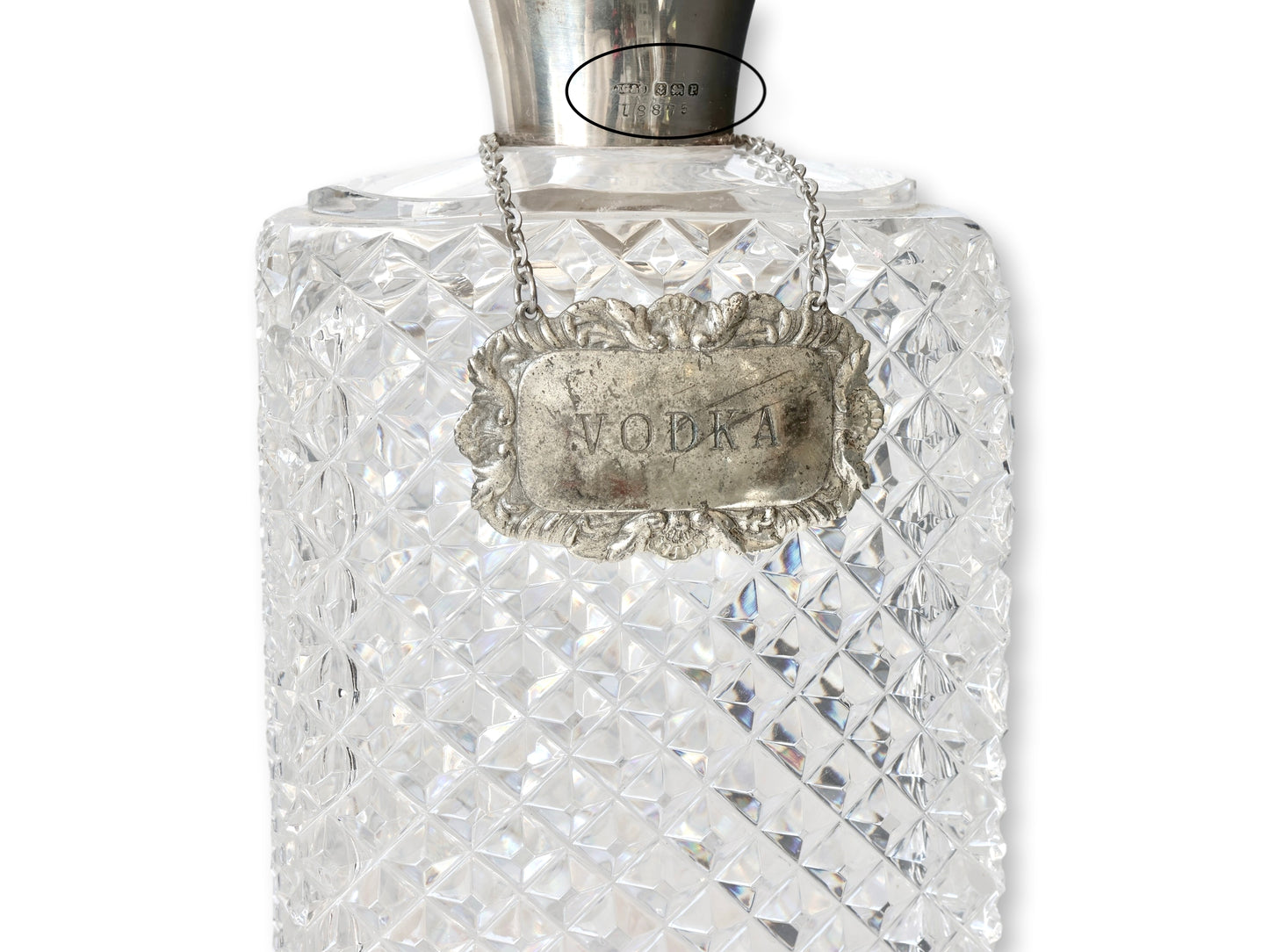 1930s Diamond Cut Crystal & Sterling Collar Liquor Decanters