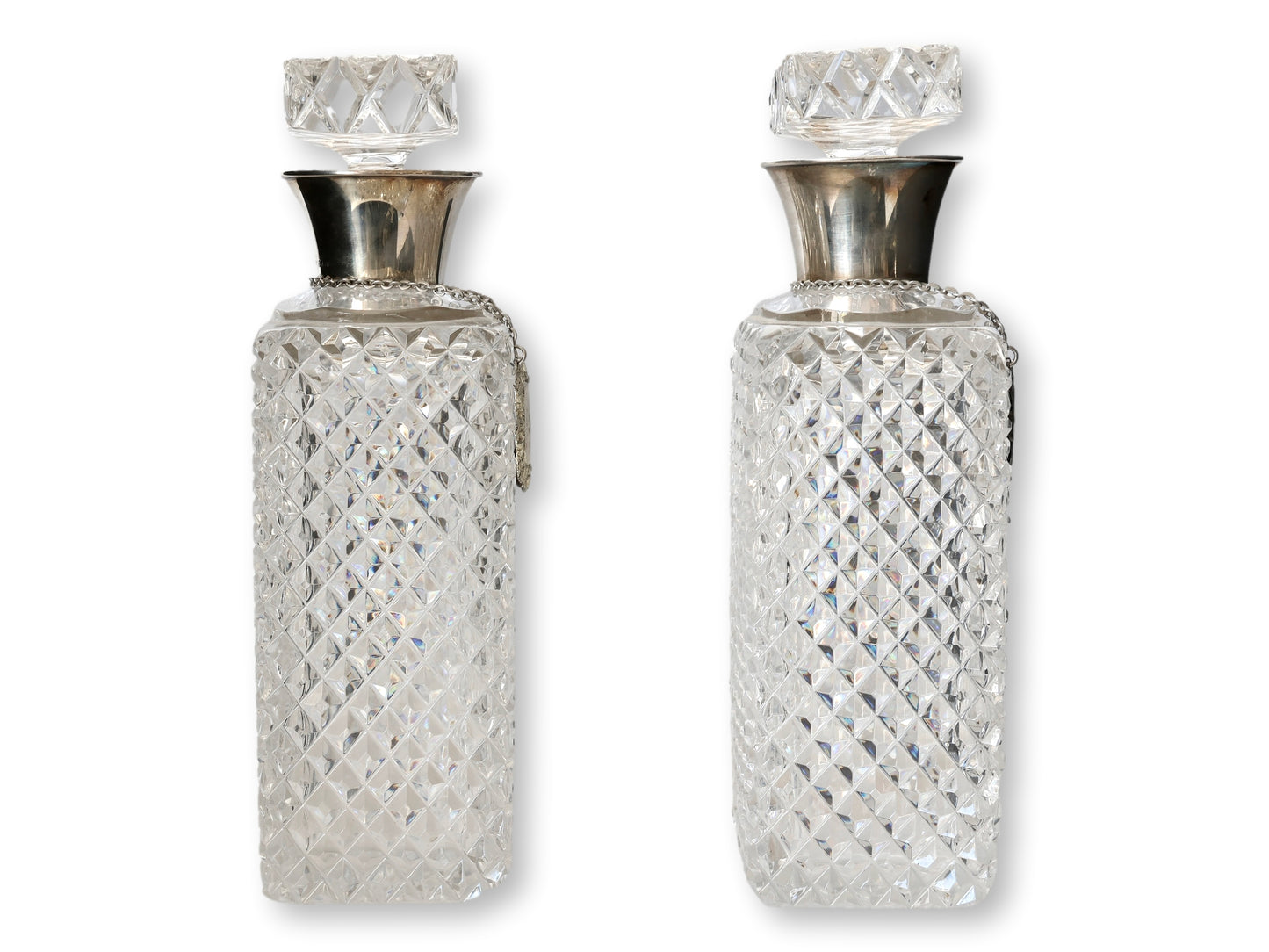 1930s Diamond Cut Crystal & Sterling Collar Liquor Decanters