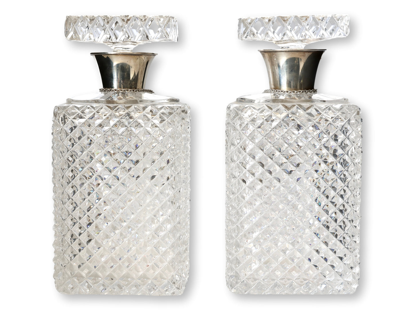 1930s Diamond Cut Crystal & Sterling Collar Liquor Decanters