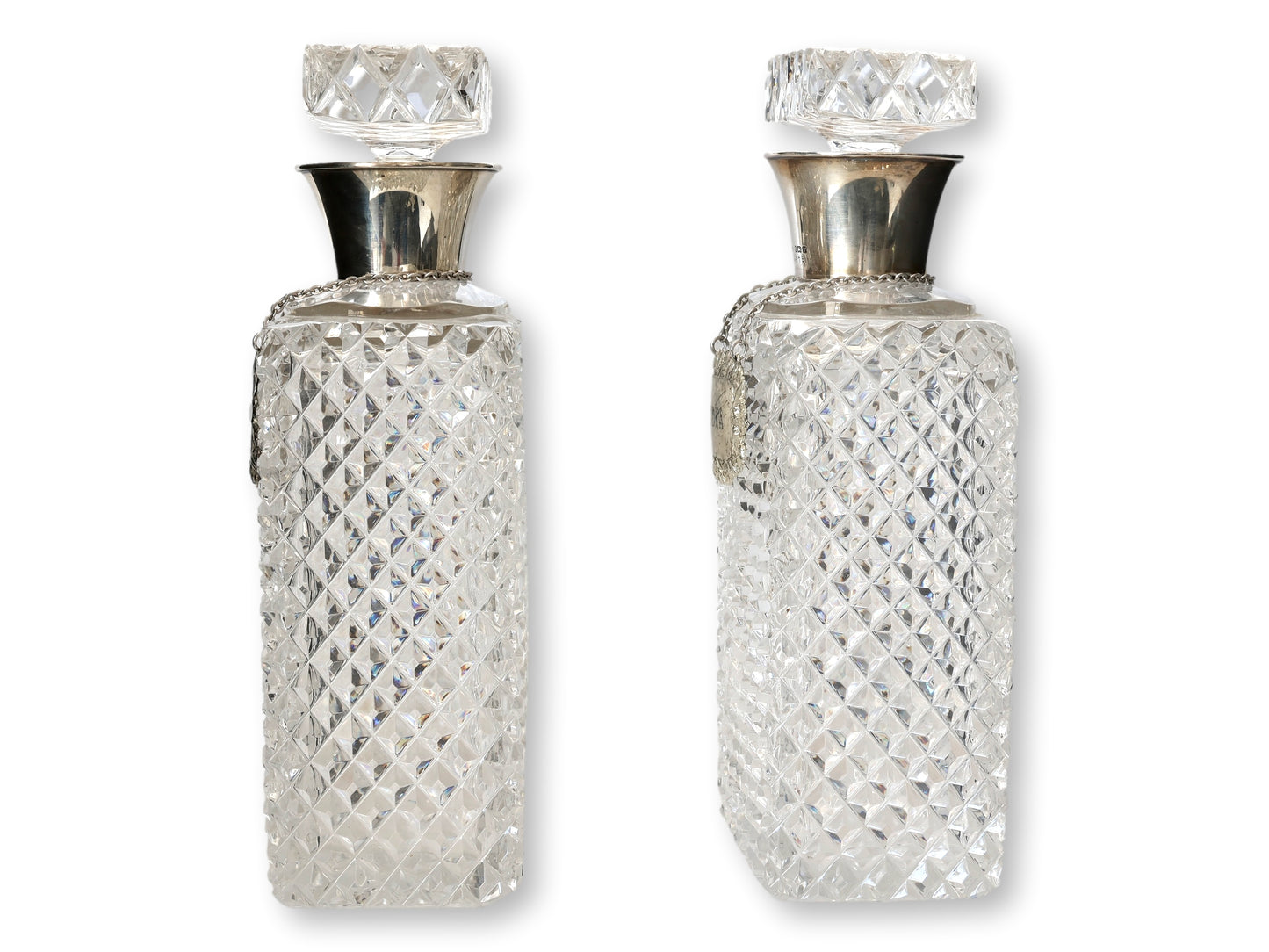1930s Diamond Cut Crystal & Sterling Collar Liquor Decanters
