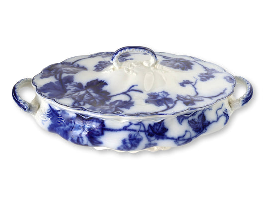 English Flow Blue Grapevine Covered Dish