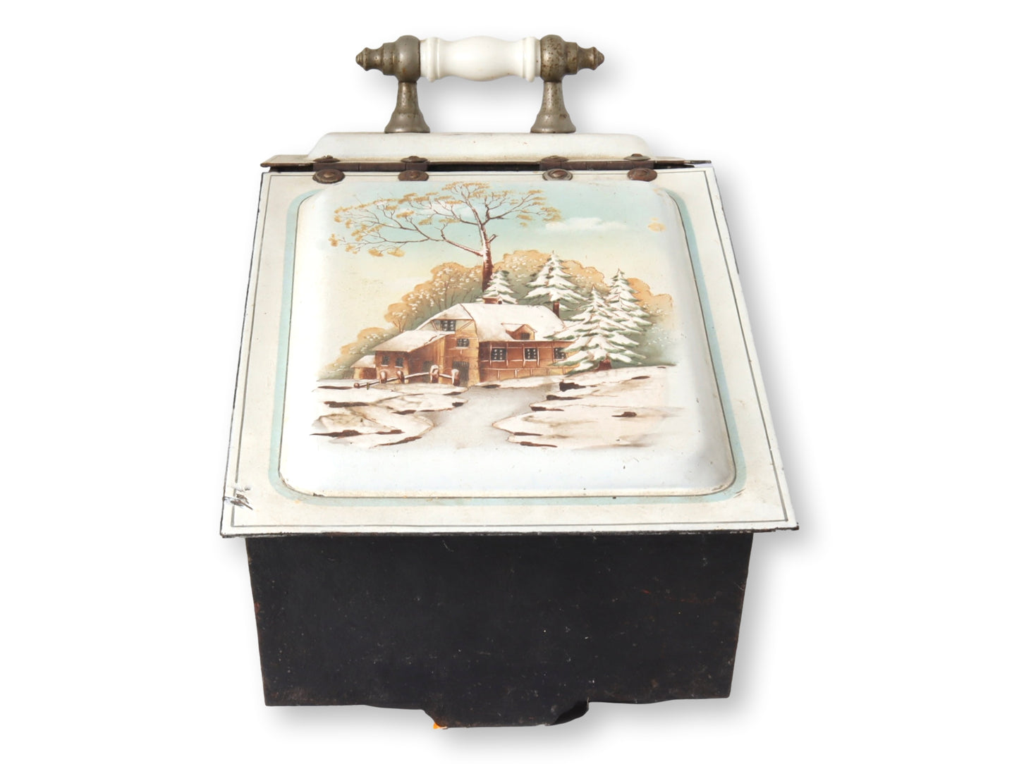 Antique Enameled Fireplace Box w/ Hand-Painted Winter Scene
