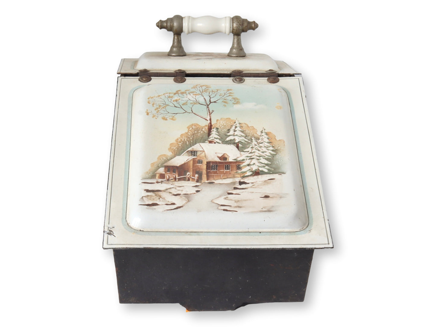 Antique Enameled Fireplace Box w/ Hand-Painted Winter Scene